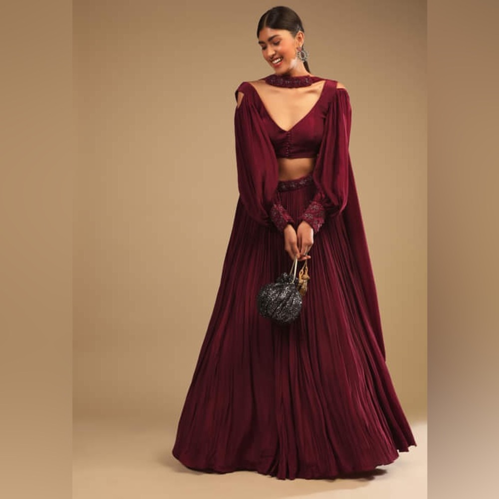 Maroon Lehenga in Crepe with Embroidery Detailing on Waist & Bishop Sleeved Crop